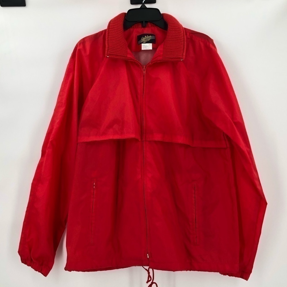 GOLDEN Bear VTG Unisex Bright Red Windbreaker Hidden Hood Full Zip Size Medium